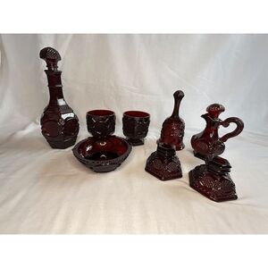 Avon 1876 Cape Cod Ruby Red Eight Piece Mixed Lot, Decanters, Candle Holders
